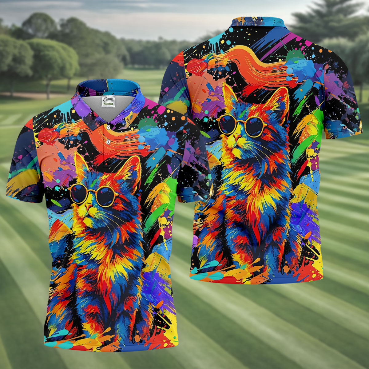 Colorful Cat Sunglasses Paint Splash Golf Shirt, Men's Golf Shirt, Golf Apparel For Men