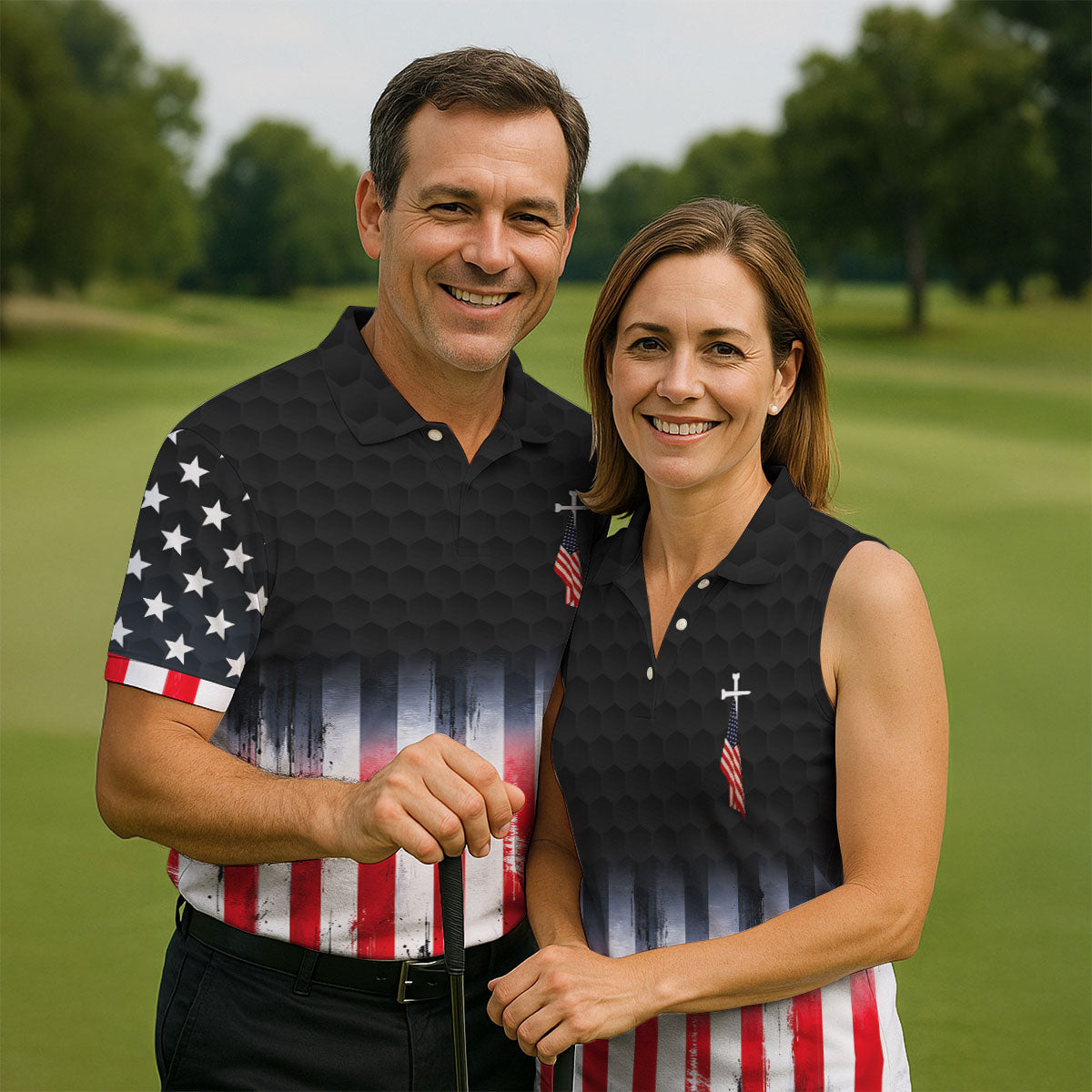 Faith Cross American Flag Patriotic Golf Ball Pattern 4th Of July Golf Shirt, 250th Anniversary Golf Shirts For Men