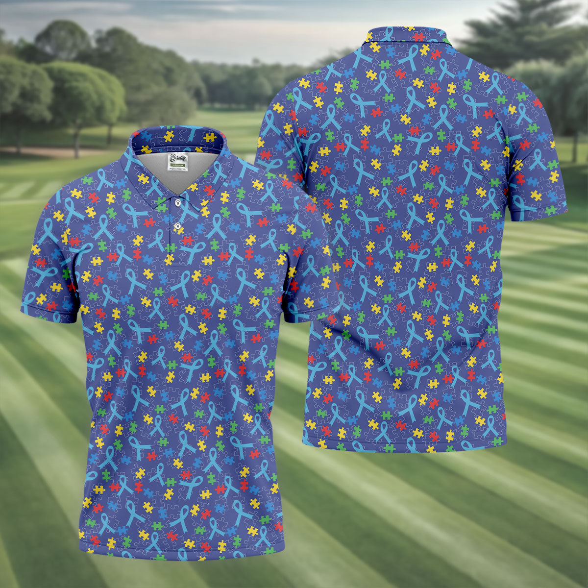 Autism Puzzle Ribbon Pattern Golf Tops For Men, Autism Awareness Color Polo ShirtFor Men, Golf Shirts For Men