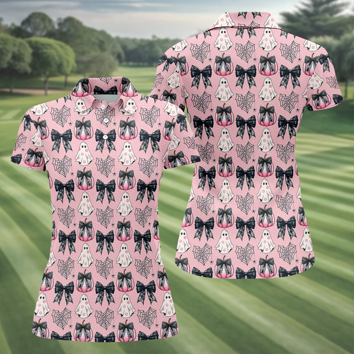 Coquette Pumpkin Boo Pink And Black Cute Golf Outfit, Fun Women's Golf Shirts, Ladies Golf Polos