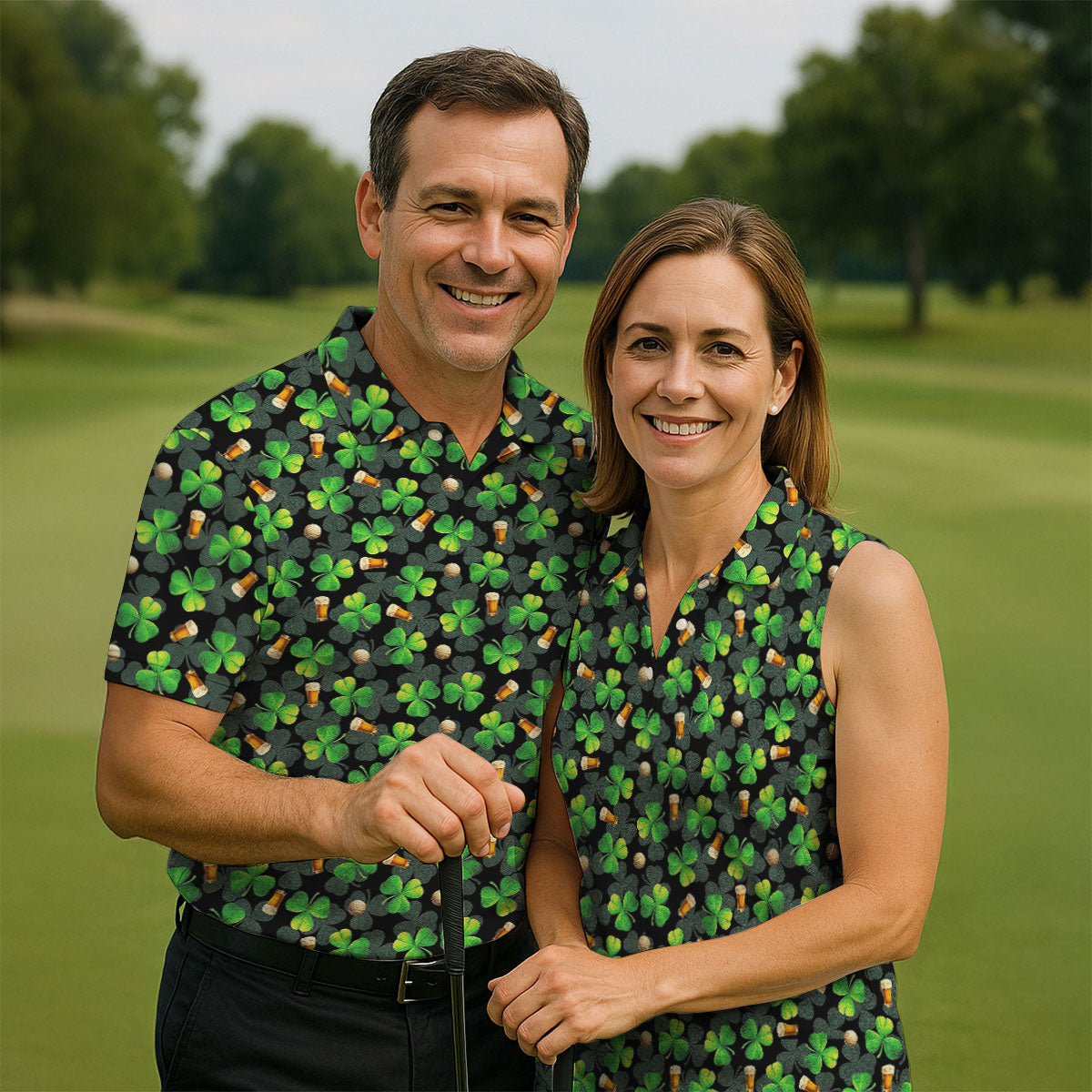 St Patrick's Day Beer Golf Ball Pattern Shamrock Golf Shirt, Women's Golf Tops, Ladies Golf Polos