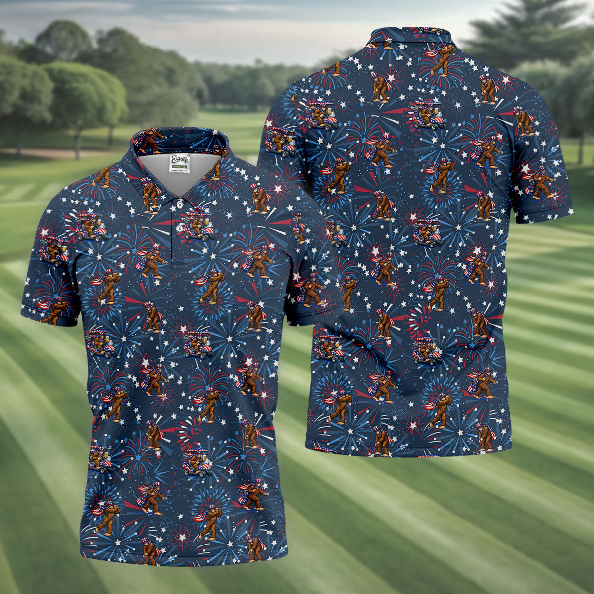 Funny Bigfoot Golf Pose Festive Vibe Navy 4th Of July Golf Shirts For Men, 250th Anniversary Patriotic Golf Shirt