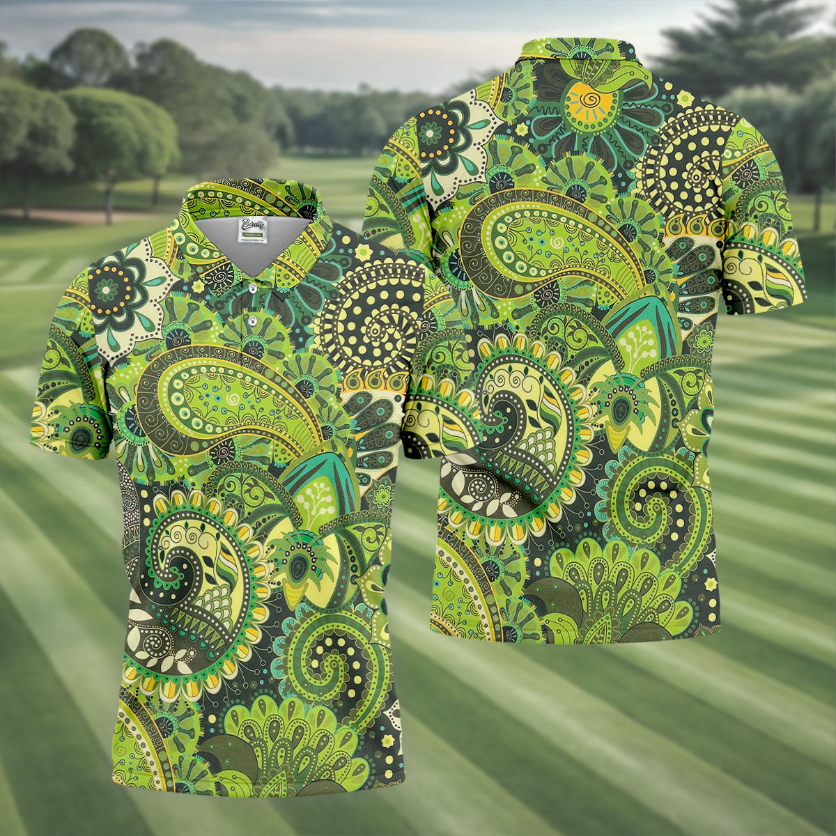 Paisley Print Green Golf Shirt, Golf Tops For Men, Polo ShirtFor Men, Golf Shirts For Men