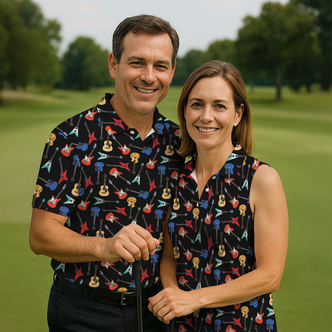 Electric Guitar Pattern Black Golf Shirt, Men's Golf Shirt, Mens Polo Shirts, Golf Polo Shirts For Men