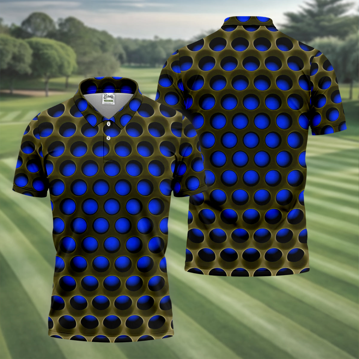 3D Effect Circular Pattern Navy Golf Shirt, Cool Golf Outfit, Men's Funny Golf Shirts, Polo ShirtFor Men