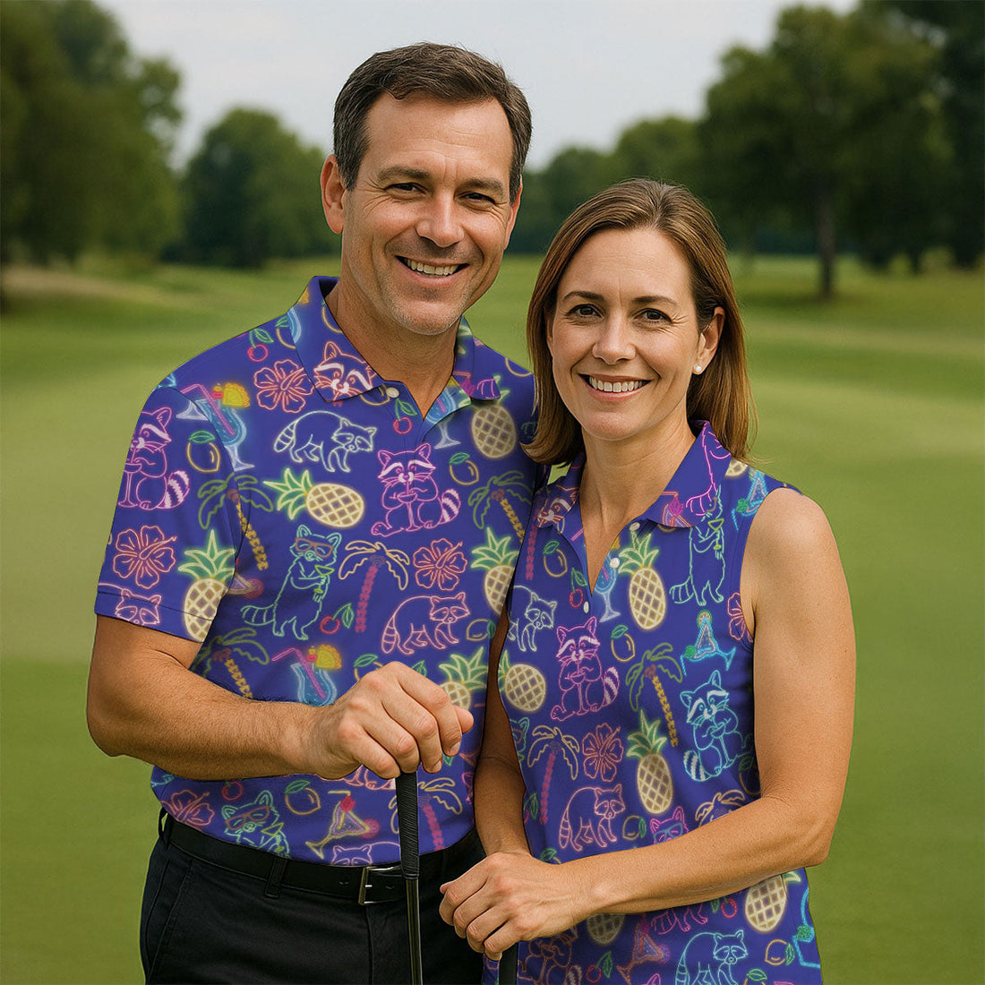 Neon Tropical Raccoon Cocktail Pattern Hawaiian Golf Shirt, Men's Golf Shirt, Polo Shirts For Men