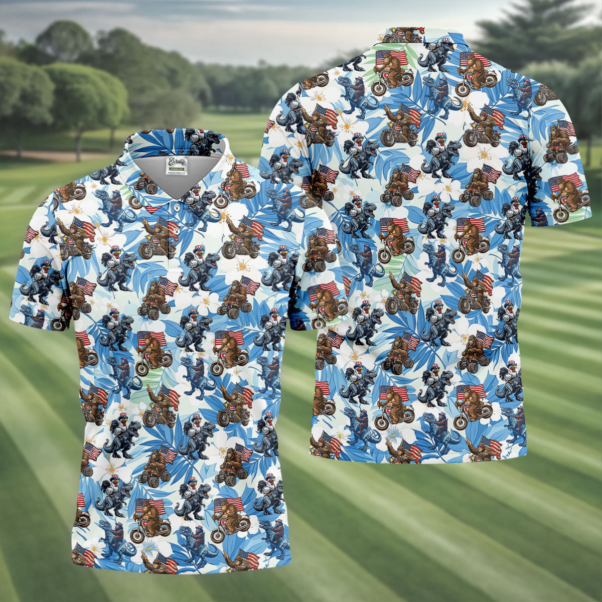 Patriotic Bald Eagle Funny T-Rex Bigfoot Hawaiian Golf Shirt, 250 Years 4th Of July Golf Shirts For Men