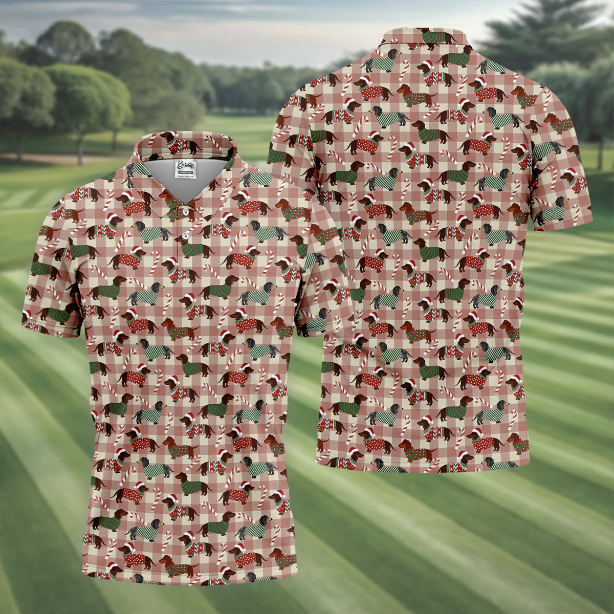 Christmas Dachshund Pink Checkered Golf Tops For Men, Christmas Golf Shirt, Polo Shirtor Men
