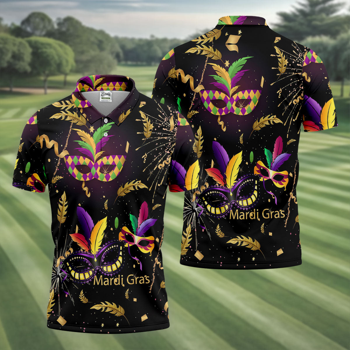 Gold Ribbons Mardi Gras Masquerade Mask Golf Tops For Men, Polo ShirtFor Men, Golf Shirts For Men
