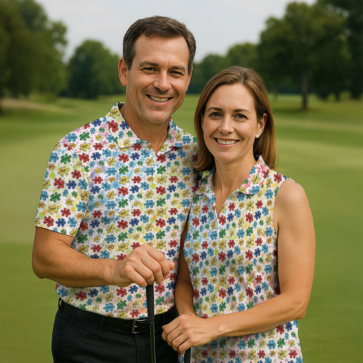 Autism Awareness Jigsaw Puzzle Pieces Rainbow Paint Splatter Men's Golf Shirt, Polo ShirtFor Men