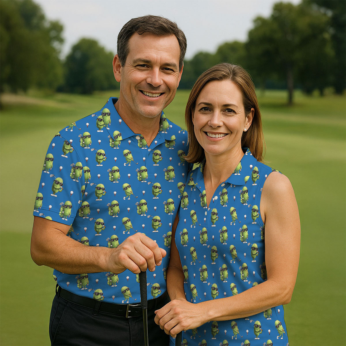 Cartoon Cactus Golfer Blue Golf Shirt, Women’s Golf Polo, Golf Tops For Women, Printed Golf Shirt