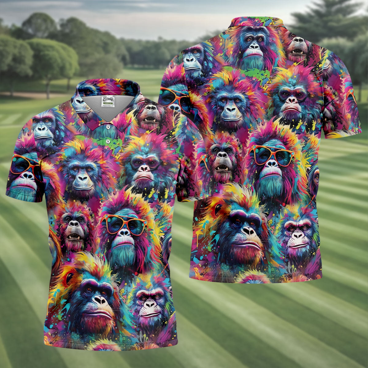 Street Art Style Cool Gorilla Hawaiian Golf Shirt, Tropical Theme Golf Shirts For Men