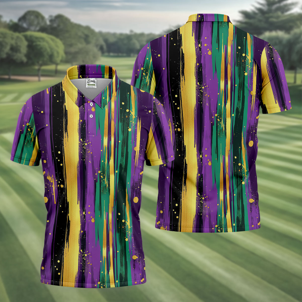 Green Purple Gold Splatter Effect Mardi Gras Golf Shirt, Polo ShirtFor Men, Golf Shirts For Men