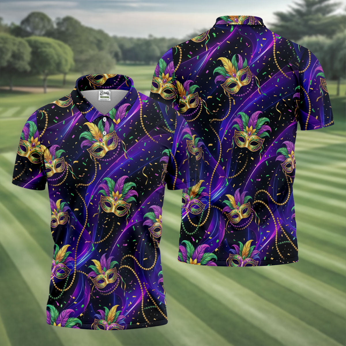 Mardi Gras Carnival Mask Neon Purple Black Golf Shirt, Men's Golf Polo Shirt Golf Shirts For Men
