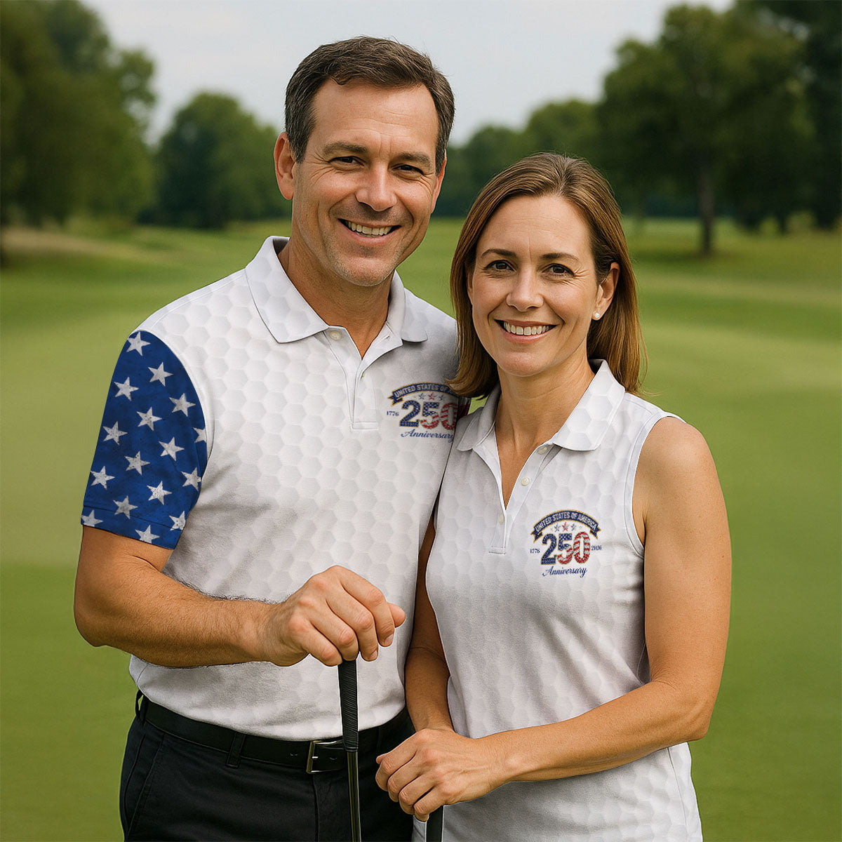 250th Anniversary Golf Ball Pattern White Golf Shirt, Patriotic 4th Of July Golf Shirt, Golf Shirt For Women