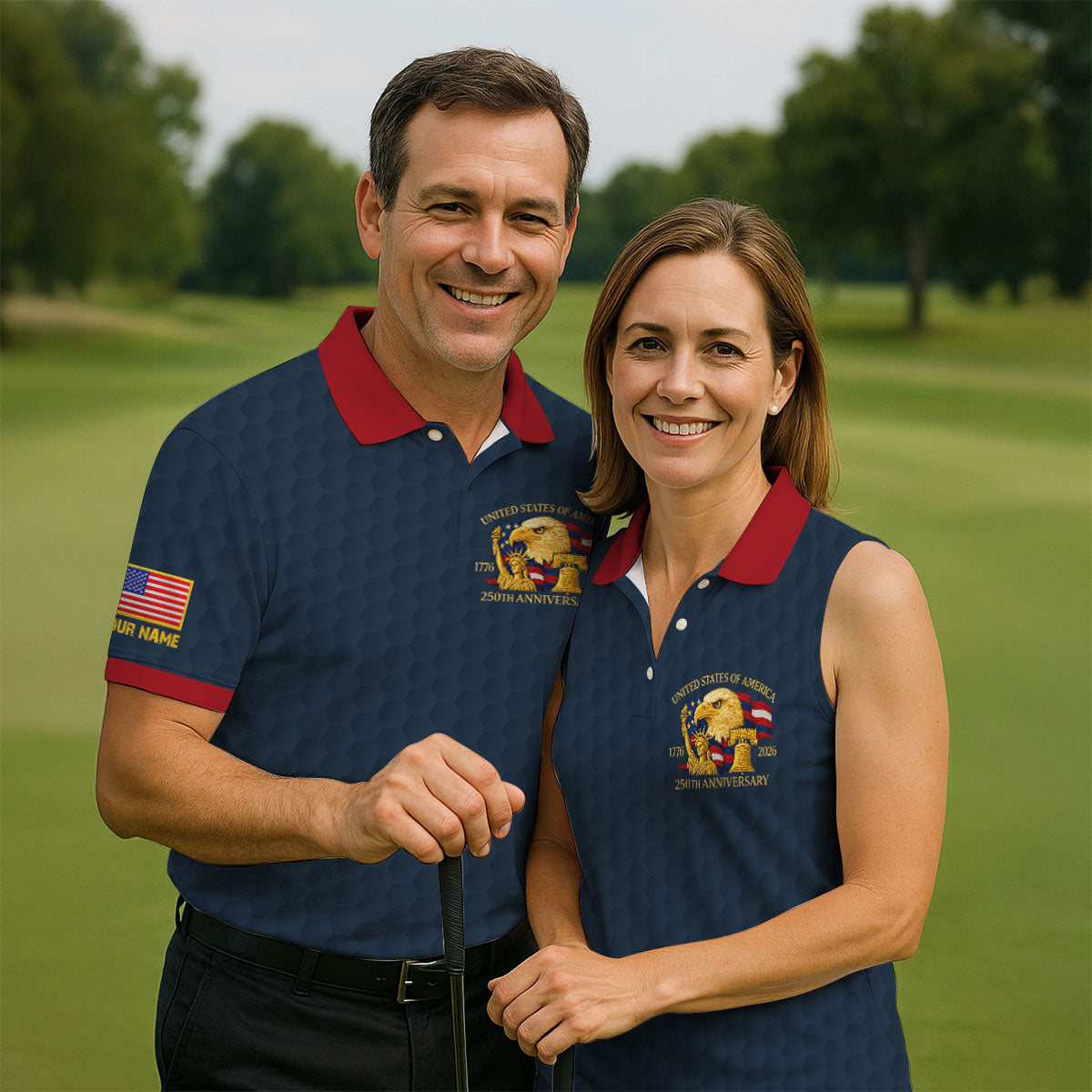 United States 250th Anniversary Patriotic Eagle Navy Custom Golf Shirts, 4th Of July Golf Shirts For Men
