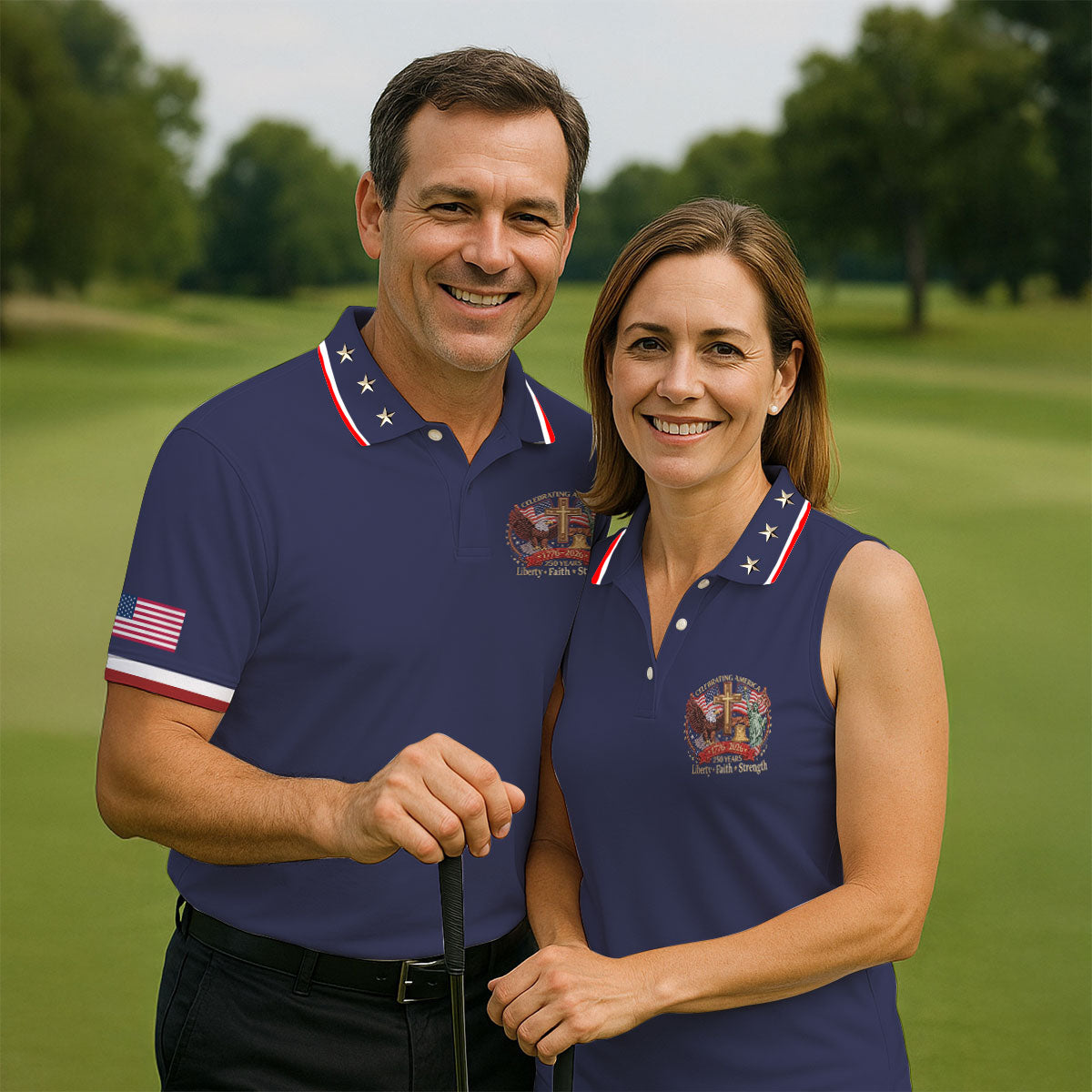 Liberty Faith Strength Faith Cross USA 250 Navy Golf Shirt, 4th Of July Golf Shirts For Men