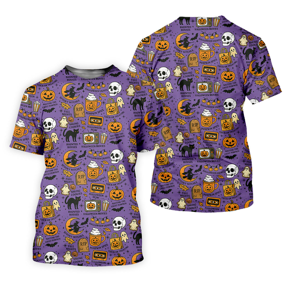 Purple Halloween Skull Golf Shirt, Spooky Cat, Mens Golf Polo Shirt Halloween Theme Shirts, Golfing Apparel