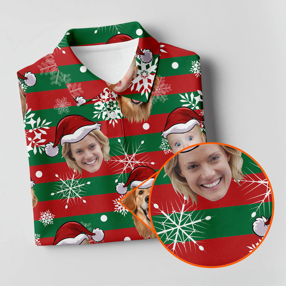 Custom Face Red Green Stripe Christmas Women's Golf Tops, Ladies Golf Shirts, Christmas Golf Gift