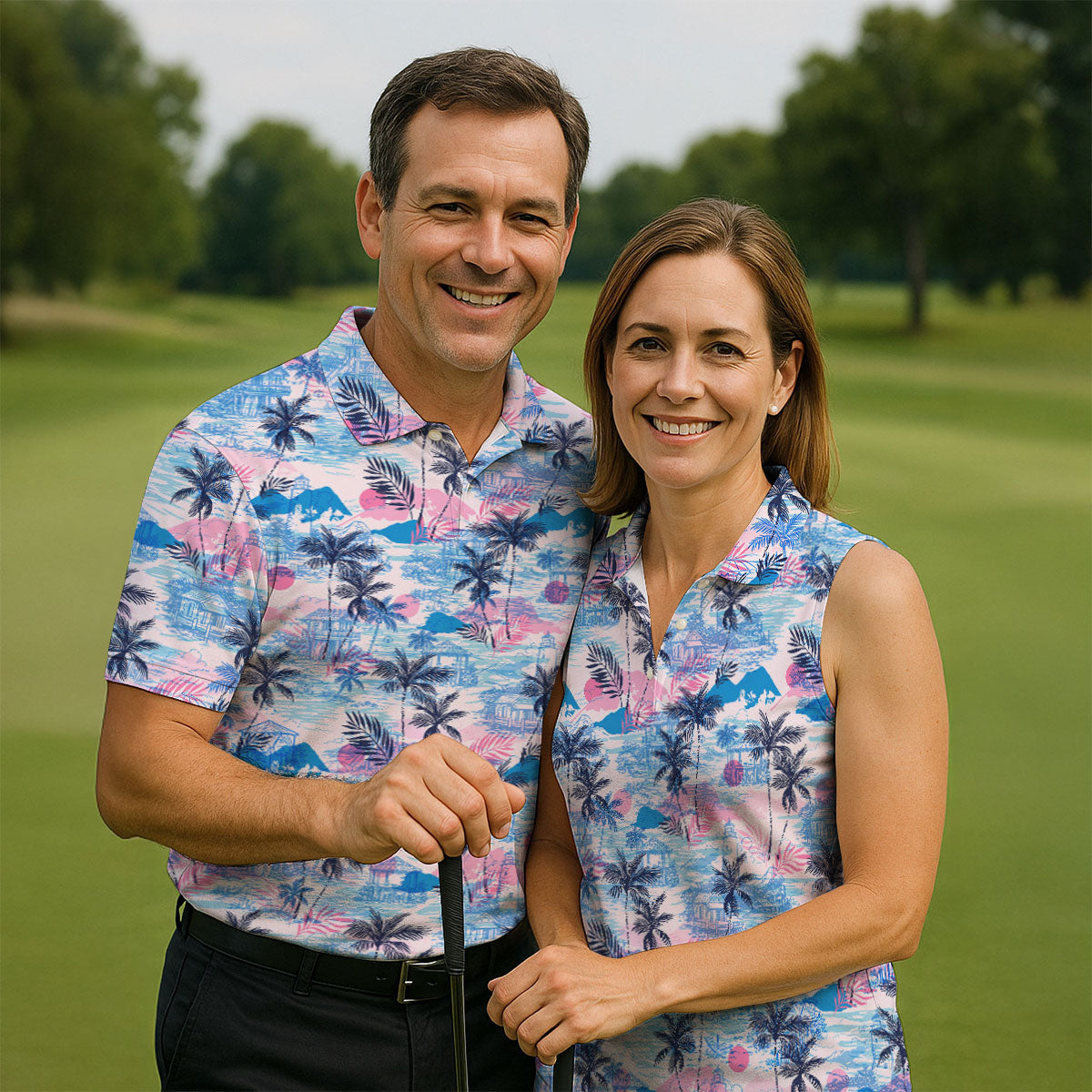 Tropical Island Sunset Pink And Blue Hawaiian Golf Shirt, Polo Shirtor Men, Golfing Apparel