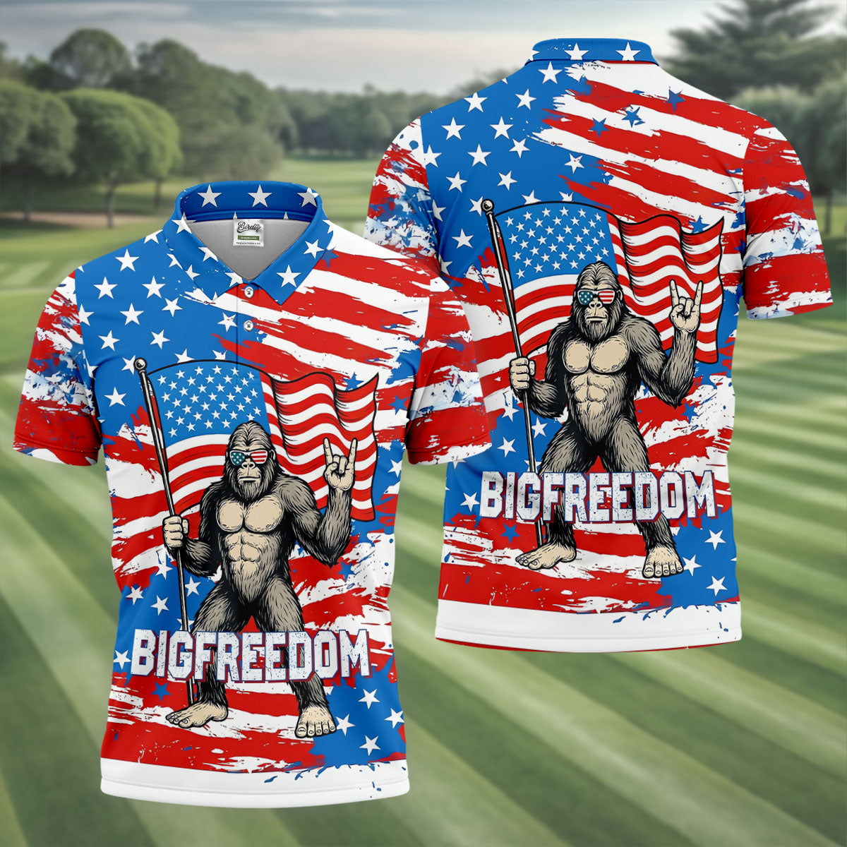 Bigfreedom Red White Blue Patriotic Bigfoot 4th Of July Golf Shirt, 250 Years Golf Shirts For Men