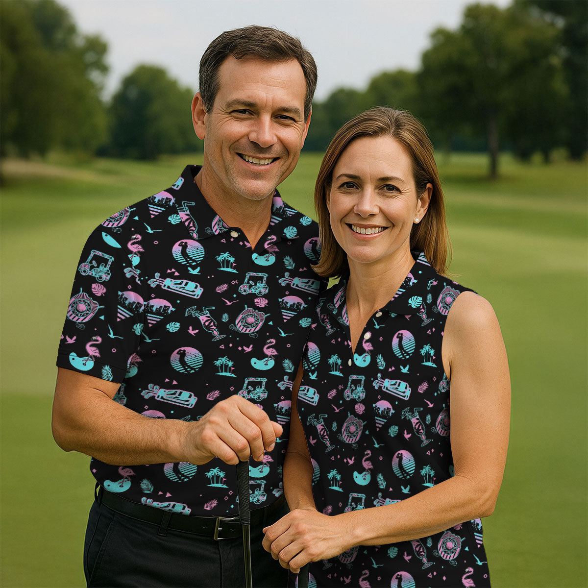 Flamingo Tropical Gradient Colors Retro Golf Shirt, Golf Tops For Men, Golf Shirts For Men