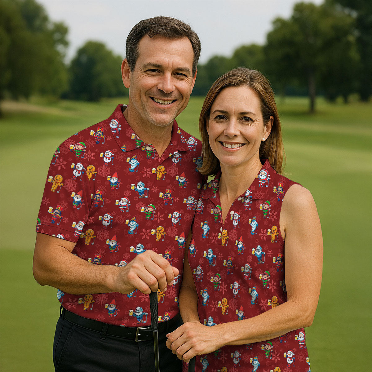 Christmas Characters Golf And Beer Red Men's Funny Golf Shirts, Christmas Golf Shirt, Polo ShirtFor Men
