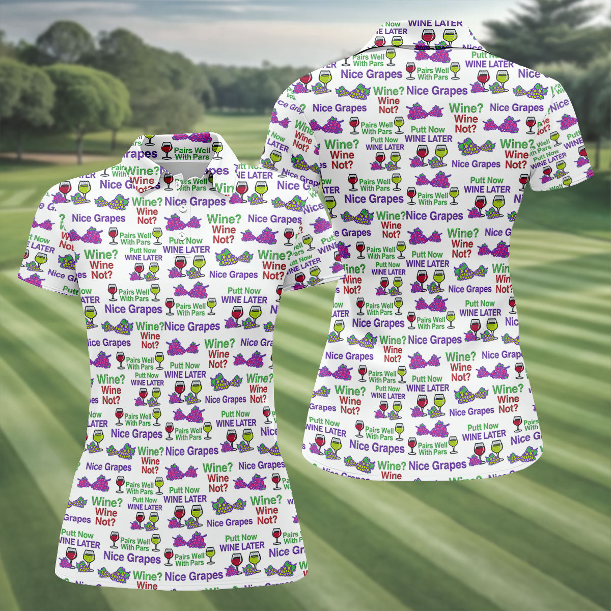 Wine Lover Golf Top, Grape Humor Print, Golf Shirts For Women