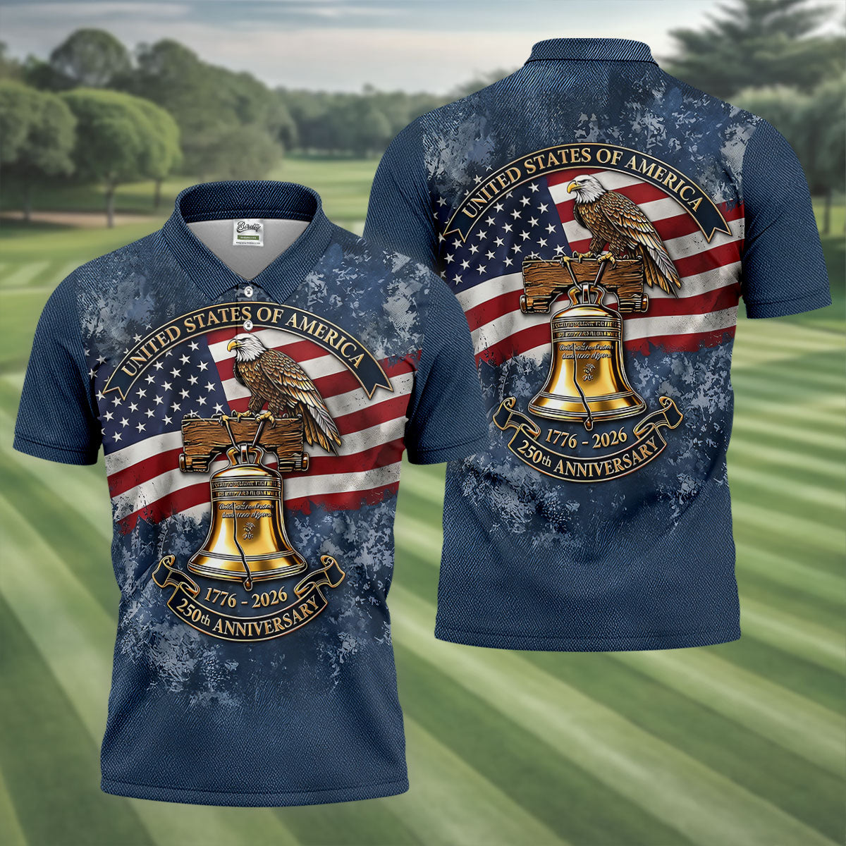 Patriotic Bald Eagle Liberty Bell Distressed Golf Shirt, 250 Years 4th Of July Golf Shirts For Men