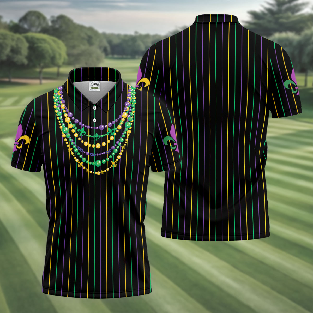 Mardi Gras Beads Necklaces Print Black Golf Shirt, Golf Tops For Men, Polo ShirtFor Men, Golf Shirts For Men