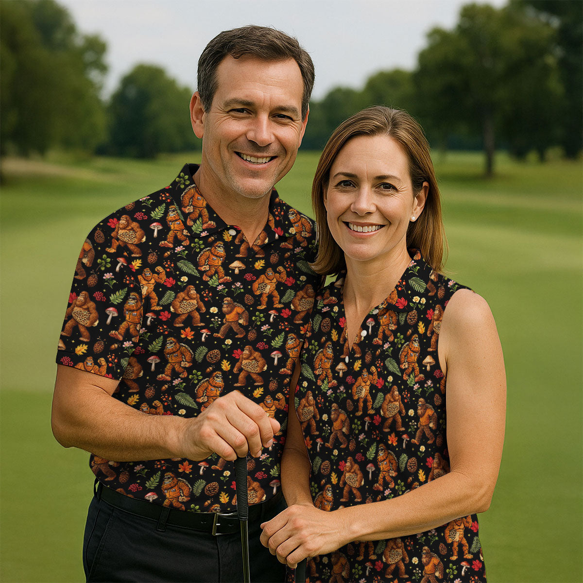 Autumn Bigfoot Forest Pattern Polo Shirt, Women’s Golf Apparel, Hawaiian Golf Shirt, Golf Tops For Women