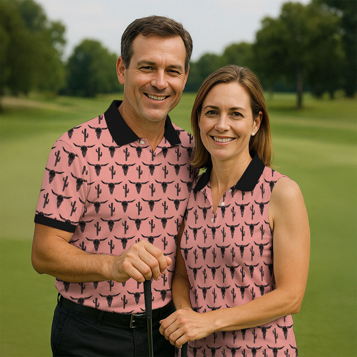 Longhorn Cow Skull Western Theme Peach Pink Golf Tops For Men, Polo Shirtor Men, Golf Shirts For Men