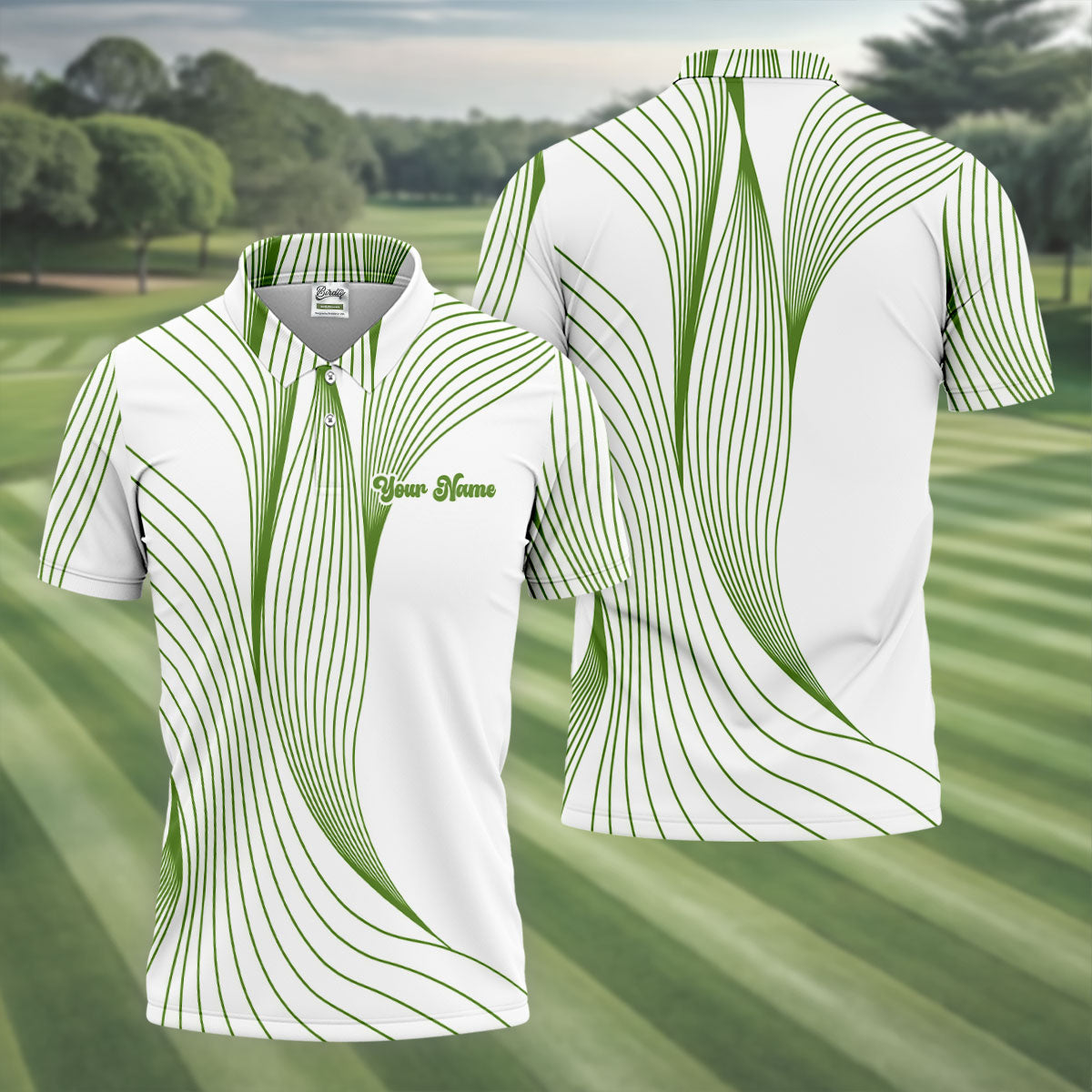 Geometric Line Wavy Line Green And White Custom Name Golf Shirts For Men, Men's Golf Shirt, Polo Shirt Men