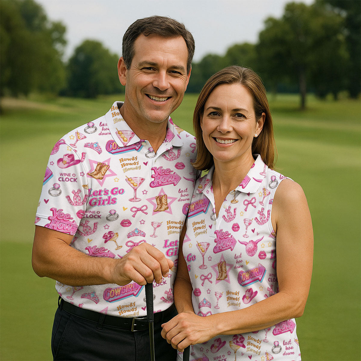 Pink Cowgirl Western Party Icons Golf Polo Shirt, Golf Shirts For Men, Mens Golf Apparel