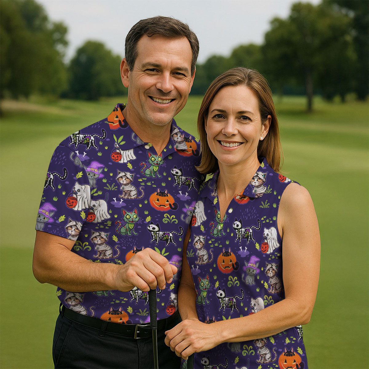 Purple Halloween Cats And Pumpkin Fun Men's Golf Polos, Cute Golf Outfit, Polo ShirtFor Men