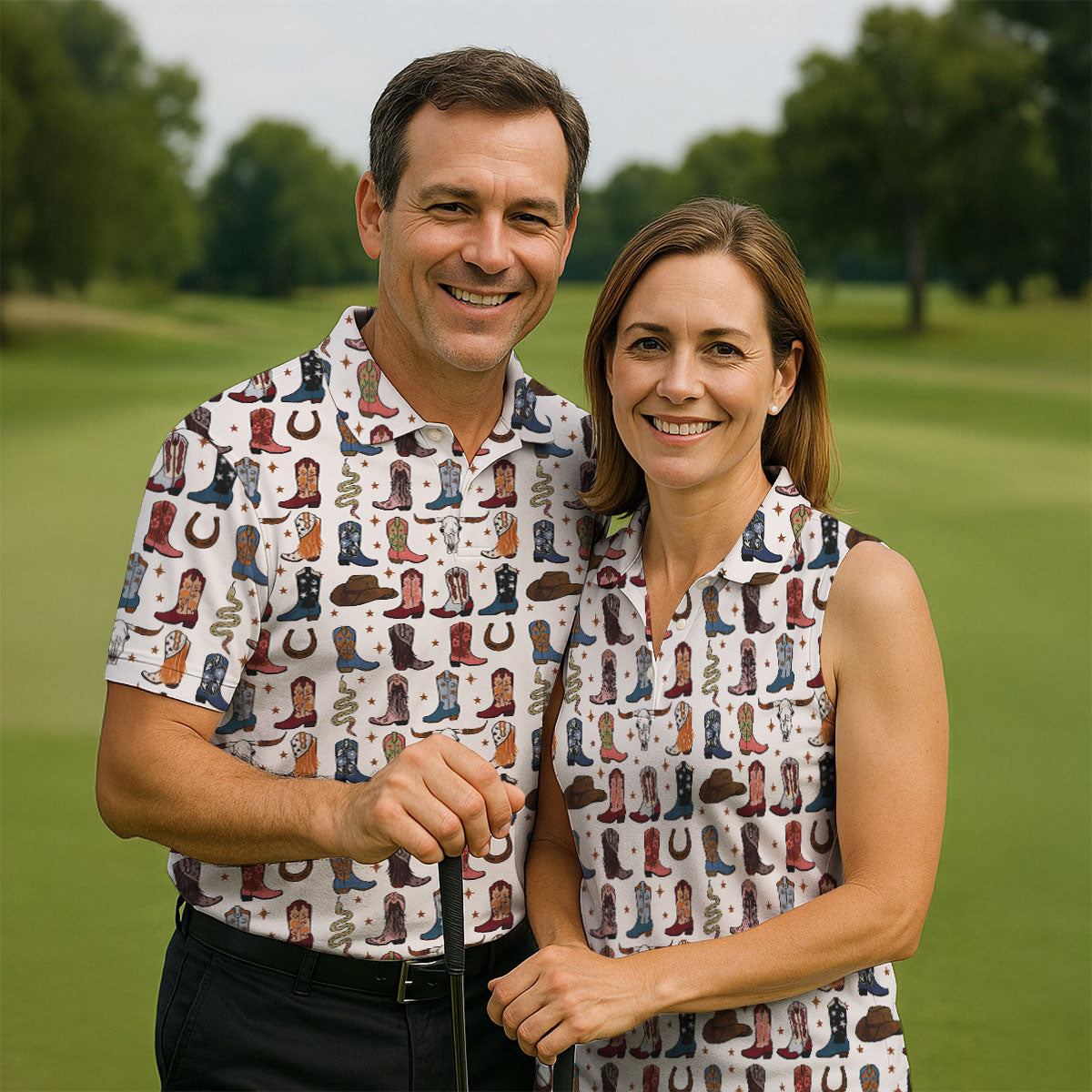 Western Cowboy Boots Horseshoes Pattern Retro Golf Shirt, Ladies Golf Polos, Golf Shirt For Women