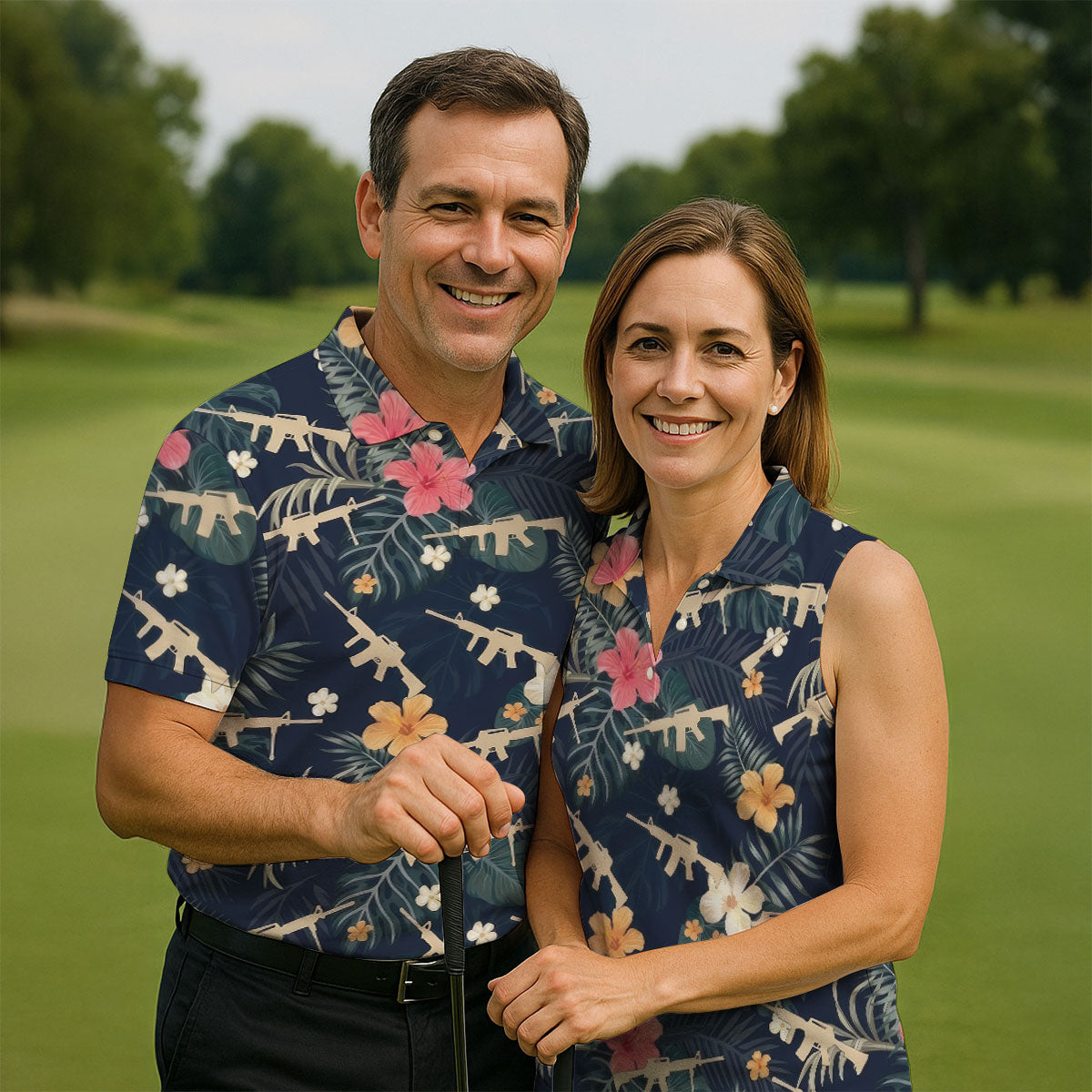 Colorful Hibiscus With Army Theme Golf Shirts For Men, Polo ShirtFor Men, Golfing Apparel