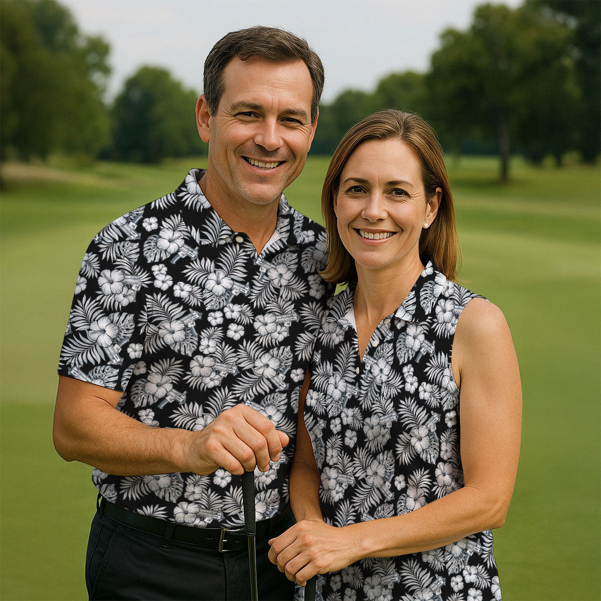 Black And White Pattern Tropical Hawaiian Golf Shirt, Summer Theme Golf Shirts For Men