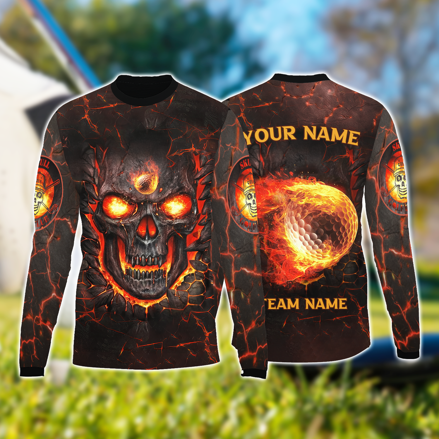 Custom Flaming Skull Men's Golf Polo ShirtGolfing Apparel, Gift For Golfers
