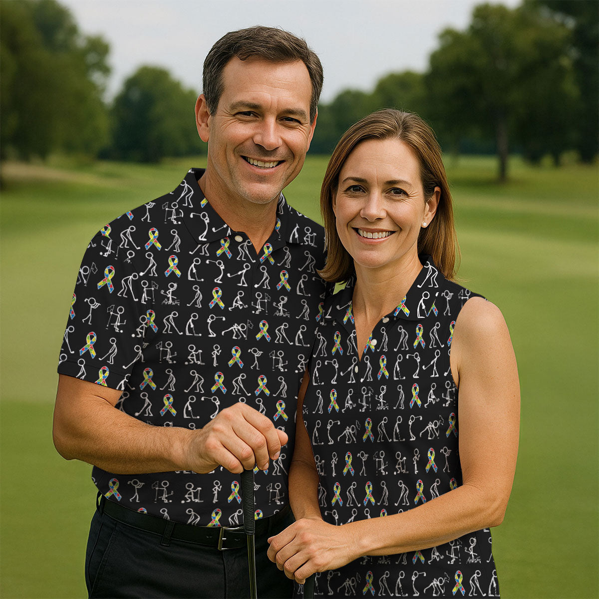 Stick Figure Golf Pose Autism Ribbon Black Golf Shirt, Autism Awareness Colors Ladies Golf Polos