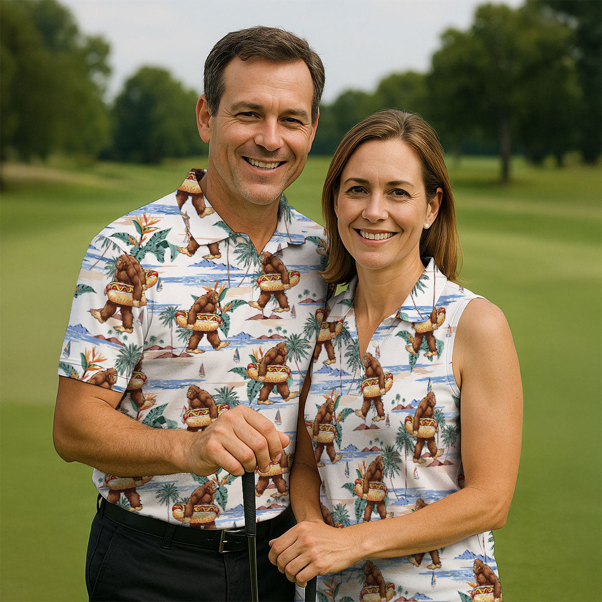 Bigfoot Hot Dog Beach Hawaiian Shirt, Mens Golf Polo, Hawaiian Golf Shirt, Golf Apparel For Men