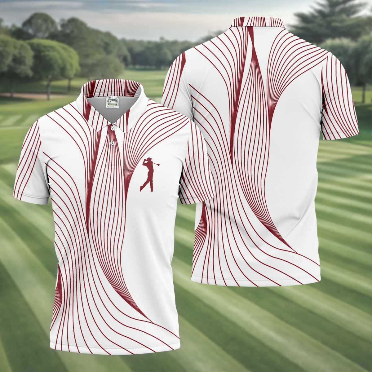 Geometric Line Wavy Line Maroon And White Golf Shirts For Men, Men's Golf Shirt, Polo Shirt Men