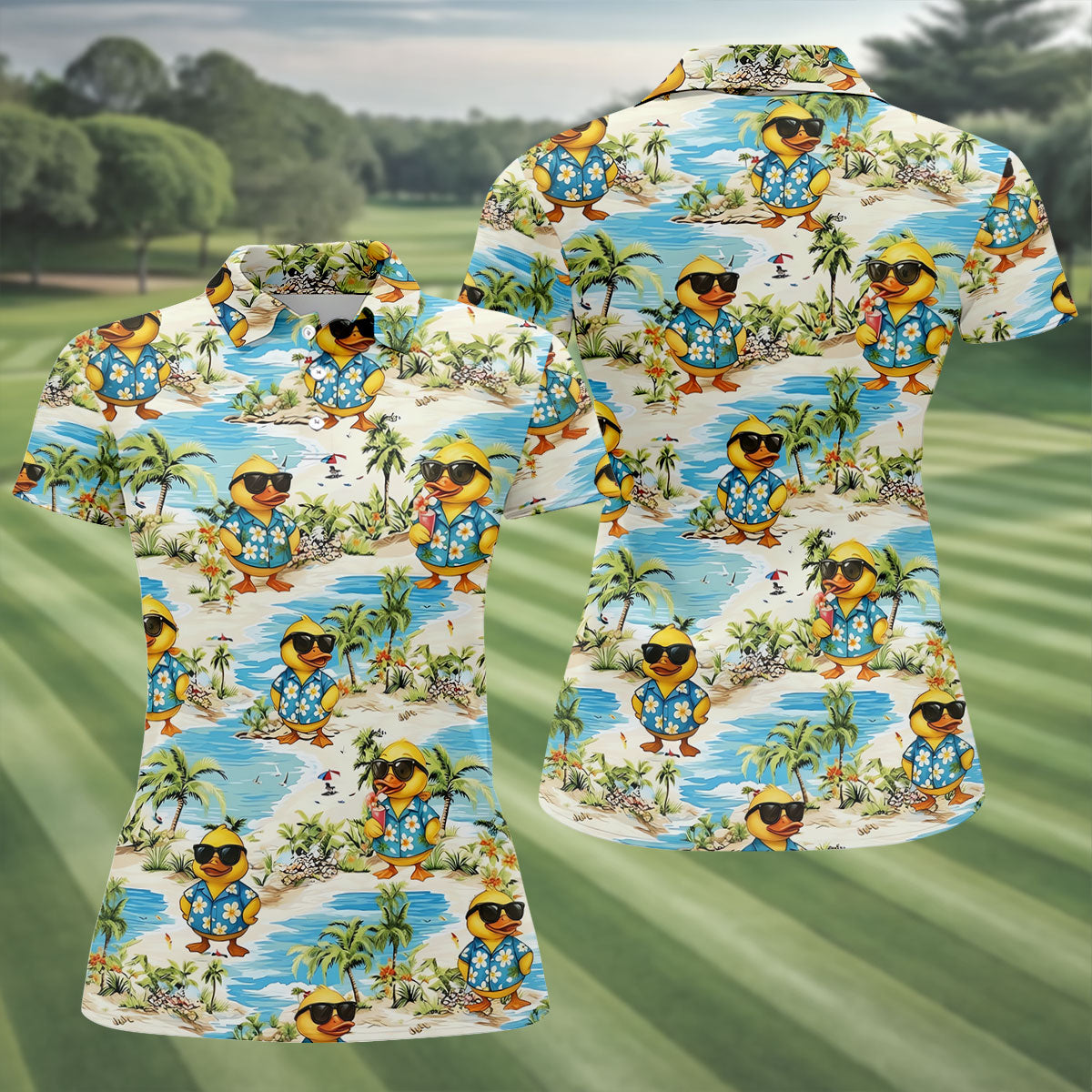 Cute Funny Duck Hawaiian Golf Shirt, Beach Theme Women's Golf Tops, Ladies Golf Shirts