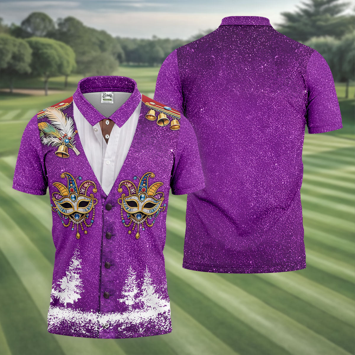 Masquerade Mask Feather Mardi Gras Glitter Print Purple Golf Shirt, Polo ShirtFor Men, Golf Shirts For Men