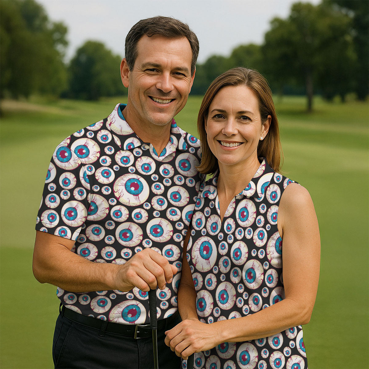 Black And White Eyeball Pattern Golf Tops For Men, Unique Gift For Golfer, Polo For Men