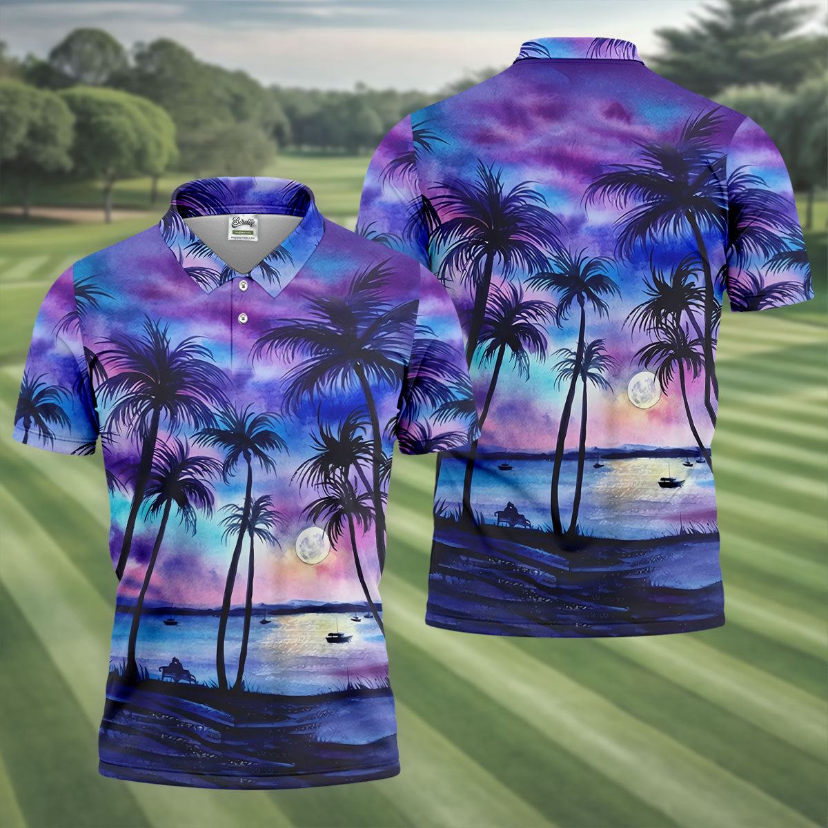 Moonlit Tropical Beach Palm Tree Design Hawaiian Golf Shirt, Golf Shirts For Men, Polo Shirts For Men
