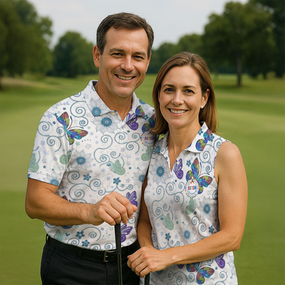 Autism Awareness Flower And Butterfly Puzzle Ribbon Men's Golf Shirt, Polo ShirtFor Men