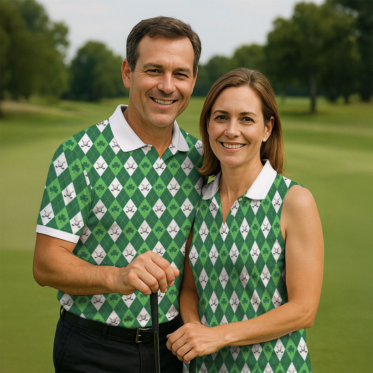St Patrick's Day Shamrock Argyle Pattern Green And White Argyle Golf Shirt, Women's Golf Tops, Ladies Golf Polos