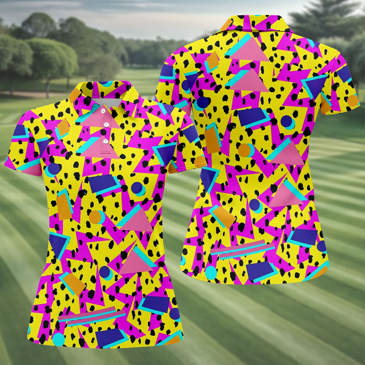 Retro Neon Geometric Shapes Yellow Golf Shirt, Ladies Golf Tops, Golf Polo For Women, Women’s Golf Apparel