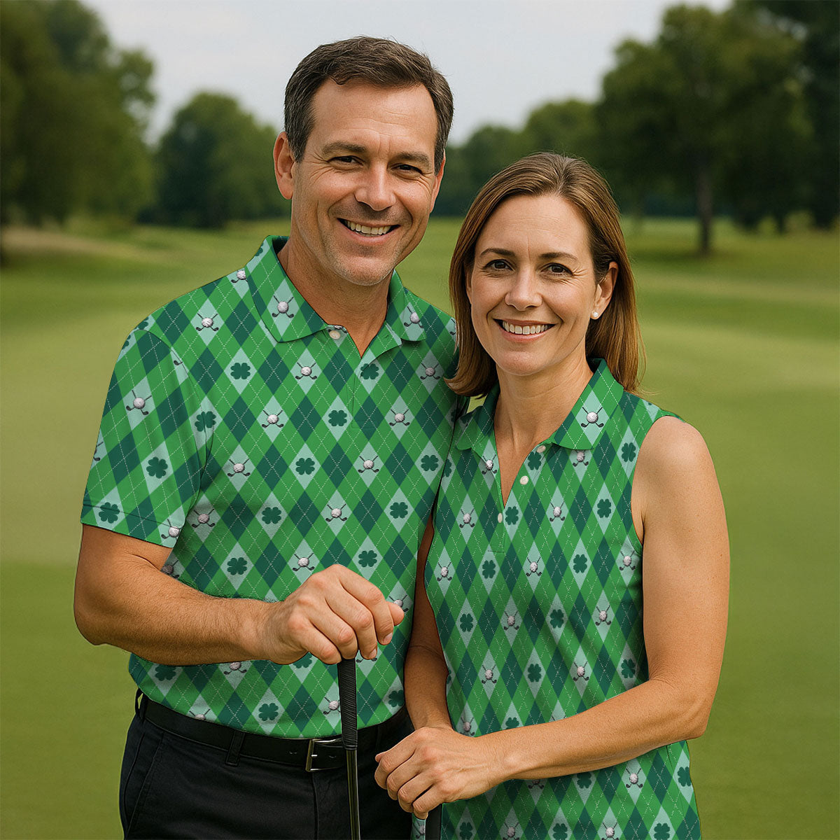 Lucky Four Leaf Clover Golf Ball Pattern Argyle Pattern St Patrick's Day Golf Shirt, Polo ShirtFor Men